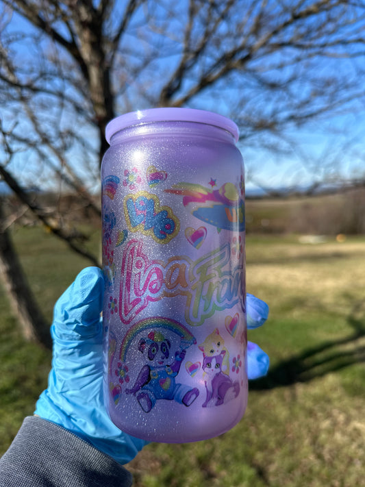 LF 90s Nostalgia 16 oz UV Color Changing and Glow In The Dark Frosted Glass Can With Plastic Lid & Straw