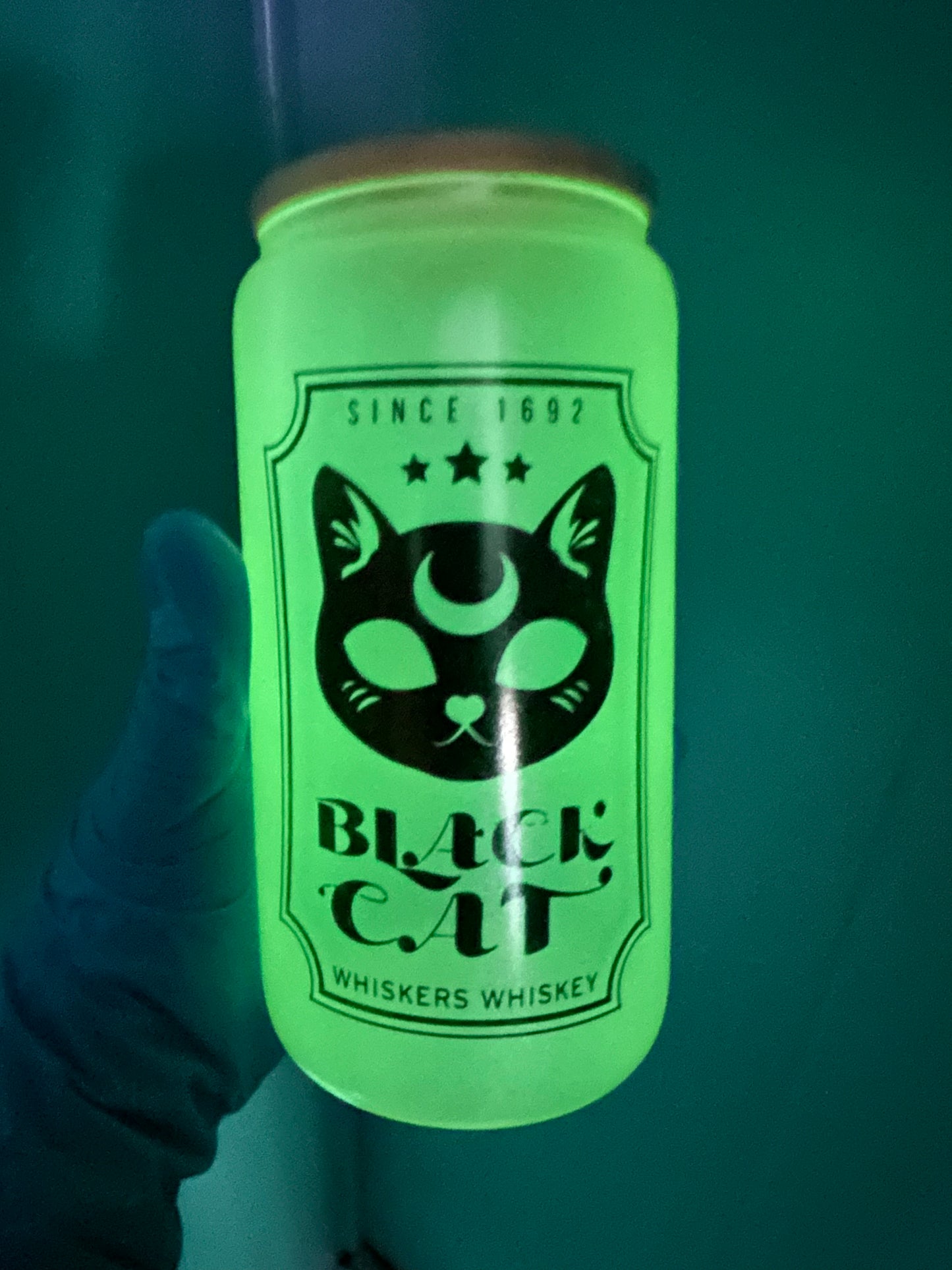 Black Cat Whiskers Whiskey 16 oz UV Color Changing and Glow In The Dark Frosted Glass Can with Bamboo Lid & Straw