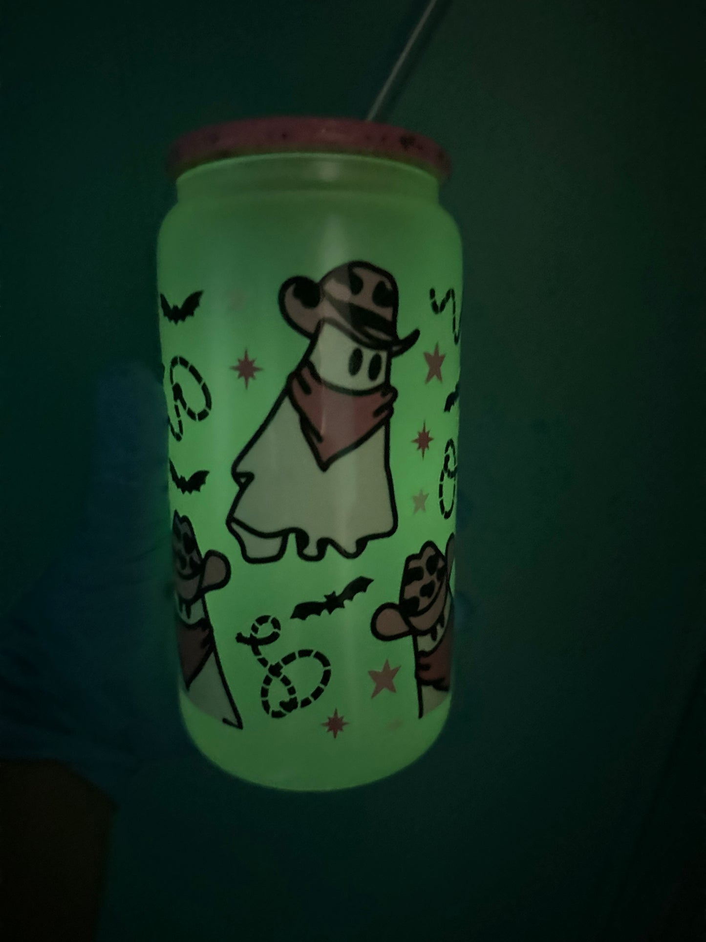 Cowgirl Ghost 16 oz UV Color Changing and Glow in the Dark Glass Can with Glitter Bamboo Lid & Glass Straw
