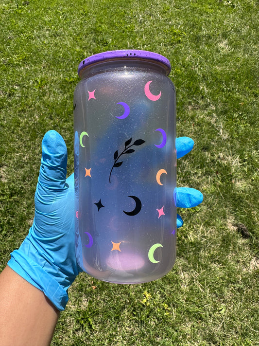 Night Sky 16 oz UV Color Changing Glass Can with Bamboo Lid & Straw
