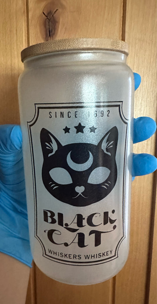 Black Cat Whiskers Whiskey 16 oz UV Color Changing and Glow In The Dark Frosted Glass Can with Bamboo Lid & Straw