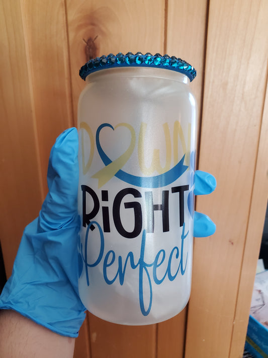 Down Right Perfect 16 oz Down Syndrome Awareness UV Color Changing Glass Can with Rhinestone Lid & Straw