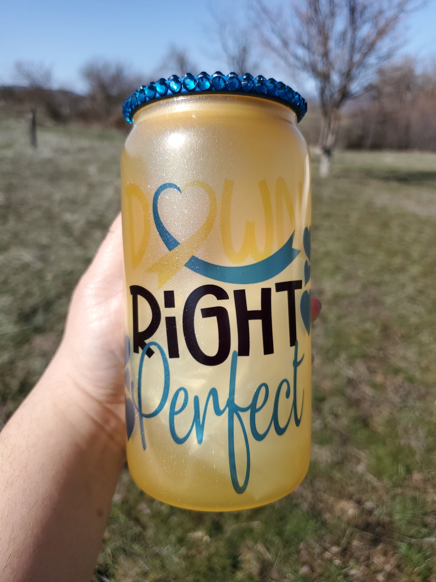 Down Right Perfect 16 oz Down Syndrome Awareness UV Color Changing Glass Can with Rhinestone Lid & Straw